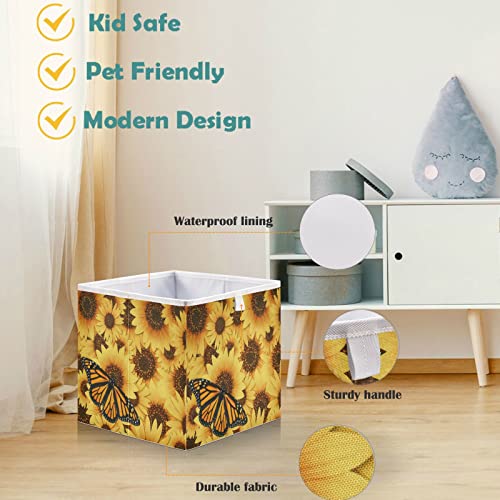 visesunny Closet Baskets Sunflower Butterfly Storage Bins Fabric Baskets for Organizing Shelves Foldable Storage Cube Bins for Clothes, Toys, Baby Toiletry, Office Supply