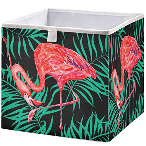 visesunny Closet Baskets Pink Flamingo Green Tropical Leaf Storage Bins Fabric Baskets for Organizing Shelves Foldable Storage Cube Bins for Clothes, Toys, Baby Toiletry, Office Supply