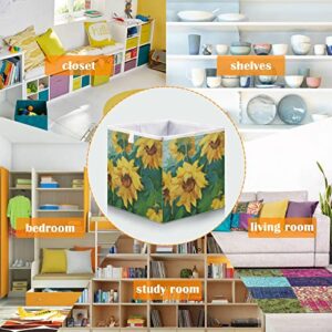 visesunny Closet Baskets Oli Painting Sunflower with Green Leaf Storage Bins Fabric Baskets for Organizing Shelves Foldable Storage Cube Bins for Clothes, Toys, Baby Toiletry, Office Supply
