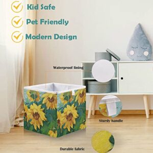 visesunny Closet Baskets Oli Painting Sunflower with Green Leaf Storage Bins Fabric Baskets for Organizing Shelves Foldable Storage Cube Bins for Clothes, Toys, Baby Toiletry, Office Supply