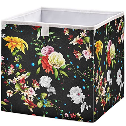 visesunny Closet Baskets Sunflower Rose with Rosemary and Leaf Storage Bins Fabric Baskets for Organizing Shelves Foldable Storage Cube Bins for Clothes, Toys, Baby Toiletry, Office Supply