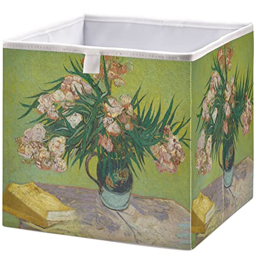 visesunny Closet Baskets Oil Painting Oleander Storage Bins Fabric Baskets for Organizing Shelves Foldable Storage Cube Bins for Clothes, Toys, Baby Toiletry, Office Supply