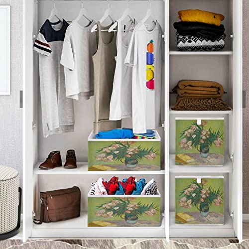 visesunny Closet Baskets Oil Painting Oleander Storage Bins Fabric Baskets for Organizing Shelves Foldable Storage Cube Bins for Clothes, Toys, Baby Toiletry, Office Supply