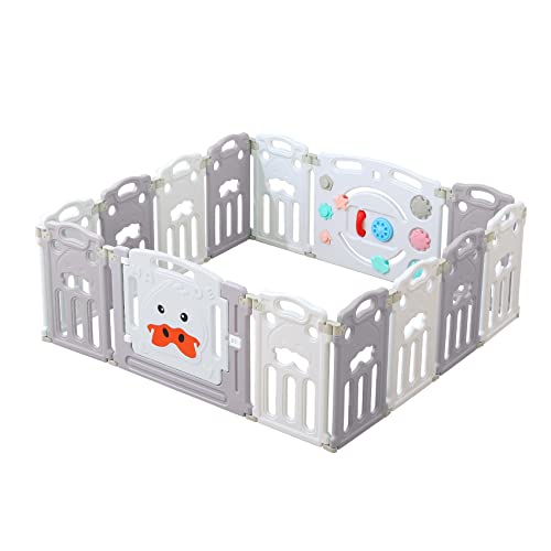 UNICOO – Baby Playpen, Foldable Kids Fence Activity Center, Safety Playard with Lock Door and Games Station Non-Slip Rubber Bases, Adjustable Shape, Portable Design for Indoor Outdoor Use (Grey)