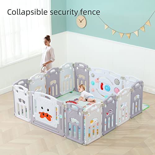 UNICOO – Baby Playpen, Foldable Kids Fence Activity Center, Safety Playard with Lock Door and Games Station Non-Slip Rubber Bases, Adjustable Shape, Portable Design for Indoor Outdoor Use (Grey)
