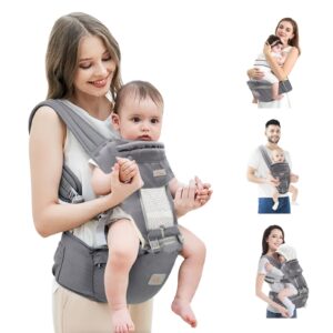 baby carrier with hip seat, mumgaroo baby carrier newborn to toddler all seasons & all position hip baby carrier with hood & extra safety belt, baby holder carrier for breastfeeding, infant & toddler
