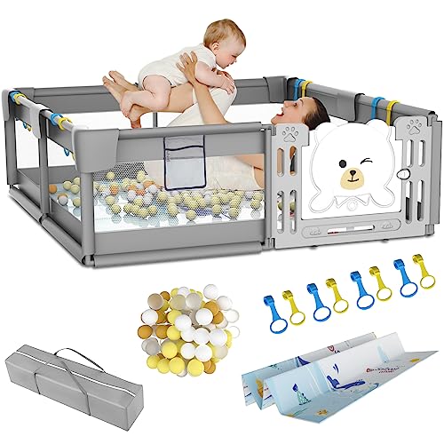 Baby Playpen with Mat,79"x71 "x27"Extra Large Baby Playpen,0.4 IN Play Mat,60 Pcs Ocean Balls, Breathable Mesh Indoor & Outdoor Kids Activity Center Baby Playpen,Safety Baby Gate Playpen