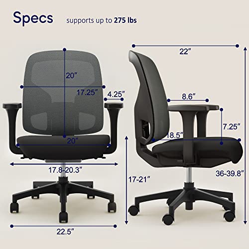 GABRYLLY Office Desk Chair, Ergonomic Mesh Chair Mid Back Computer Task Chair with Wide Armrest & Soft Cushion Seat, Swivel Executive Chair for Home Study Living Room - Grey