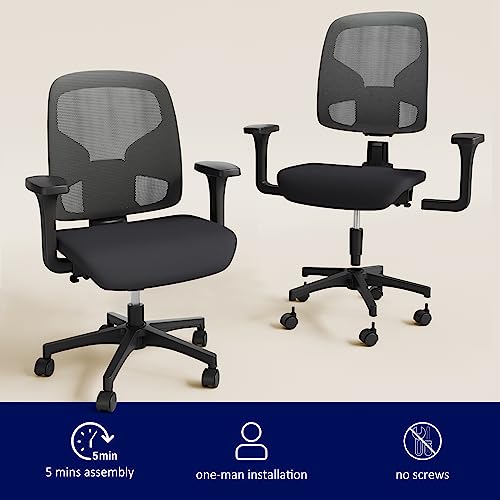 GABRYLLY Office Desk Chair, Ergonomic Mesh Chair Mid Back Computer Task Chair with Wide Armrest & Soft Cushion Seat, Swivel Executive Chair for Home Study Living Room - Grey