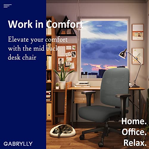 GABRYLLY Office Desk Chair, Ergonomic Mesh Chair Mid Back Computer Task Chair with Wide Armrest & Soft Cushion Seat, Swivel Executive Chair for Home Study Living Room - Grey