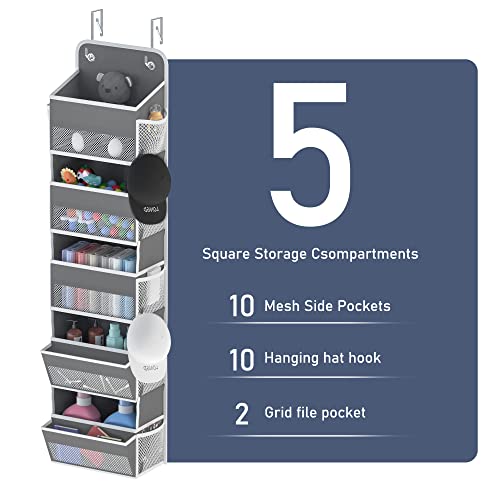 LONGD Over Door Organizer, Nursery Closet Cabinet Baby Storage, Over The Door Hat Rack, 5 Pockets and 2 Grid File Pockets Hanging Storage Boxes,45 lbs. Weight Capacity, 1-Pack