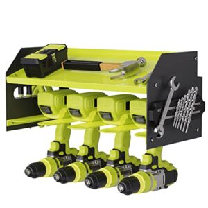 Drill Storage Rack，Power Tool Organizer Drill Holder Wall Mount， Drill Organizer for Garage, Workshop,Drill Bit Storage Shlef, Holds 4 Drills with Screws Box (Green-2 Layer)