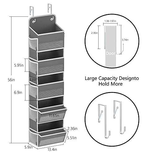 LONGD Over Door Organizer, Nursery Closet Cabinet Baby Storage, Over The Door Hat Rack, 5 Pockets and 2 Grid File Pockets Hanging Storage Boxes,45 lbs. Weight Capacity, 1-Pack