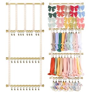 cn headband organizer holder for baby girls, bow holder for girls hair bows, hair accessories hanger boho ribbon storage with 30 bronze clips for nursery hanging room decor for wall