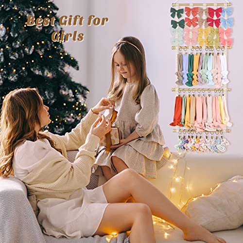 CN Headband Organizer Holder for Baby Girls, Bow Holder for Girls Hair Bows, Hair Accessories Hanger Boho Ribbon Storage with 30 Bronze Clips for Nursery Hanging Room Decor For Wall