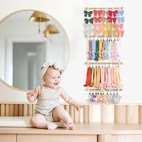 CN Headband Organizer Holder for Baby Girls, Bow Holder for Girls Hair Bows, Hair Accessories Hanger Boho Ribbon Storage with 30 Bronze Clips for Nursery Hanging Room Decor For Wall