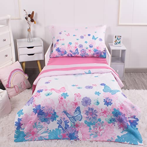 La Premura 4-Piece Toddler Bedding Sets for Girls, Bed-in-a-Bag Toddler Comforter Set, includes Flat Sheet, Fitted Sheet, Comforter, and Reversible Pillowcase, Standard Toddler Bed Set, Pink Butterfly