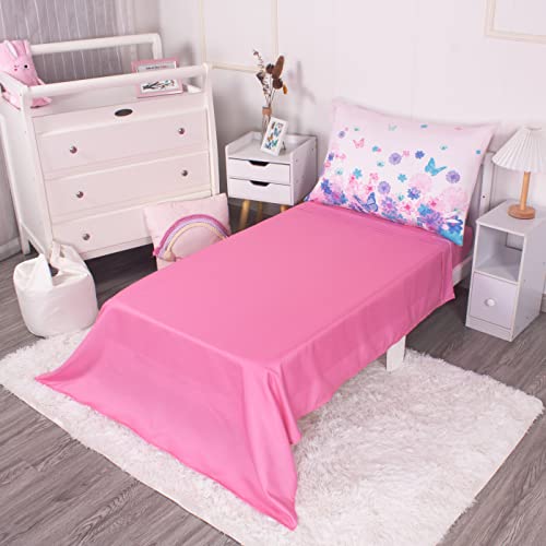 La Premura 4-Piece Toddler Bedding Sets for Girls, Bed-in-a-Bag Toddler Comforter Set, includes Flat Sheet, Fitted Sheet, Comforter, and Reversible Pillowcase, Standard Toddler Bed Set, Pink Butterfly