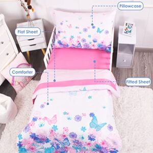 La Premura 4-Piece Toddler Bedding Sets for Girls, Bed-in-a-Bag Toddler Comforter Set, includes Flat Sheet, Fitted Sheet, Comforter, and Reversible Pillowcase, Standard Toddler Bed Set, Pink Butterfly