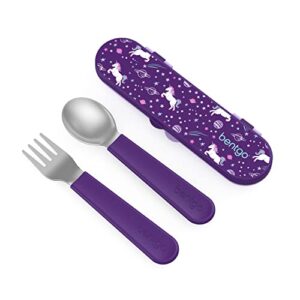bentgo® kids stainless steel utensil set - reusable fork, spoon & storage case - high-grade bpa-free stainless steel, easy-grip handles, dishwasher safe for school lunch, travel & outdoors (unicorn)