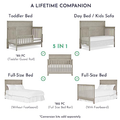 Evolur Lourdes 5-in-1 Convertible Crib in Porcini, Greenguard Gold and JPMA Certified, Easy to Clean, Maintain and Assemble, Made of Hardwood, Wooden Nursery Furniture