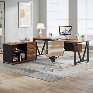 Tribesigns 70.8" Executive Desk with 35.4" File Cabinet Combo, Industrial L-Shaped Computer Desk, Extra Large Workstation with Drawers and Open Storage, Business Furniture Set for Home Office