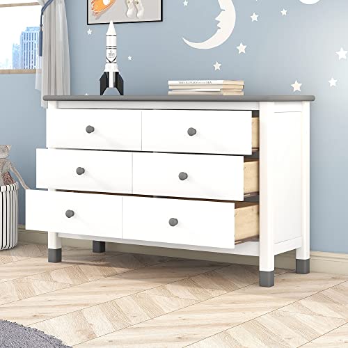 Merax Dresser, White+Gray Modern Rustic Wood 6 Drawers, Wide Storage Cabinet for Kids, Baby Closet, Clothes, TV Stand for Bedroom Childern Room