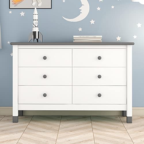 Merax Dresser, White+Gray Modern Rustic Wood 6 Drawers, Wide Storage Cabinet for Kids, Baby Closet, Clothes, TV Stand for Bedroom Childern Room