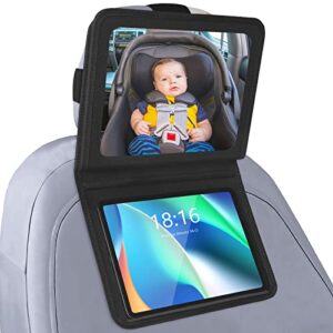 baby car mirror with touchable tablet holder, adjustable backseat mirror for rear facing infant newborn with wide and bright view, fully assembled, stable and shatterproof for toddler, kids