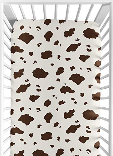 Sweet Jojo Designs Tan Brown Western Cowboy Boy Baby Fitted Crib Sheet Set Nursery Soft Infant Newborn Fits Standard Mattress Toddler Bed Southern Country Wild West Horse Off White Cow Print Animal