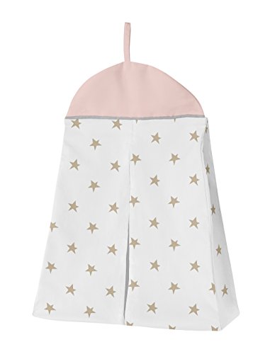 Sweet Jojo Designs Blush Pink Gold Star and Moon Girl Baby Crib Bedding Set for Infant Nursery Room Quilt, Fitted Sheet, Skirt, Diaper Stacker - 5pc - Grey Celestial Sky Stars Gray Shabby Chic