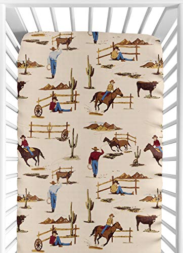 Sweet Jojo Designs Tan Brown Western Cowboy Boy Baby Fitted Crib Sheet Set Nursery Soft Infant Newborn Fits Standard Mattress Toddler Bed Southern Country Wild West Horse Off White Cow Print Animal