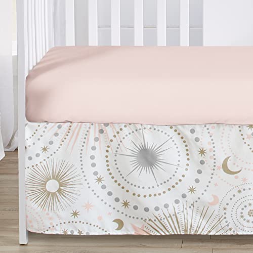 Sweet Jojo Designs Blush Pink Gold Star and Moon Girl Baby Crib Bedding Set for Infant Nursery Room Quilt, Fitted Sheet, Skirt, Diaper Stacker - 5pc - Grey Celestial Sky Stars Gray Shabby Chic