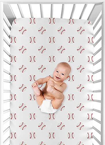 Sweet Jojo Designs Red White Baseball Patch Sports Boy Baby Fitted Crib Sheet Set Nursery Soft Infant Newborn Fits Standard Mattress or Toddler Bed - 2pc - Americana