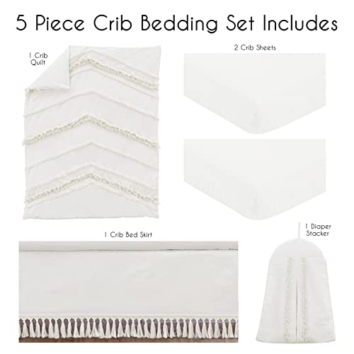 Sweet Jojo Designs Ivory Boho Chic Boy Girl Baby Crib Bedding Set Infant Nursery Room Solid Color Beige Cream Gender Nuetral Bohemian Modern Farmhouse Designer Unisex Tassel Fringe Macrame Cotton