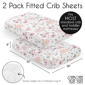 Sweet Jojo Designs Blush Pink Grey Boho Floral Girl Baby Fitted Crib Sheet Set Nursery Soft Infant Newborn Fits Standard Mattress or Toddler Bed - 2pc - Gray White Shabby Chic Rose Watercolor Flower