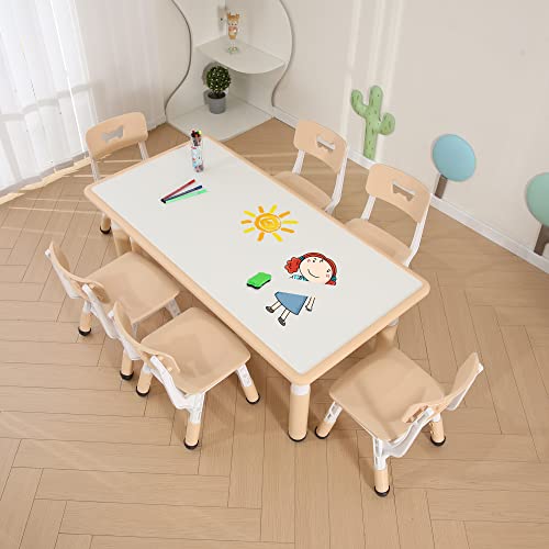 JIAOQIU Kids Table and Chair Set with 6 Seats Height Adjustable Graffiti Table for Age 2-12 Easy to Clean Assemble Kids Activity Art Craft Table for Daycare Classroom Home Burlywood