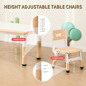 JIAOQIU Kids Table and Chair Set with 6 Seats Height Adjustable Graffiti Table for Age 2-12 Easy to Clean Assemble Kids Activity Art Craft Table for Daycare Classroom Home Burlywood