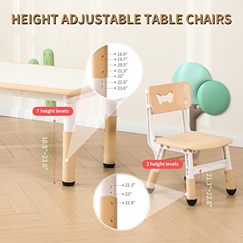 JIAOQIU Kids Table and Chair Set with 6 Seats Height Adjustable Graffiti Table for Age 2-12 Easy to Clean Assemble Kids Activity Art Craft Table for Daycare Classroom Home Burlywood