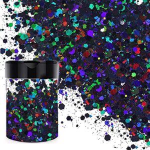 3.5oz/100g mixed chunky and fine glitter, holographic crafts glitter powder for resin, flakes iridescent nail sequins, cosmetic glitter for face eye glitters tumblers, festival decorations (black)