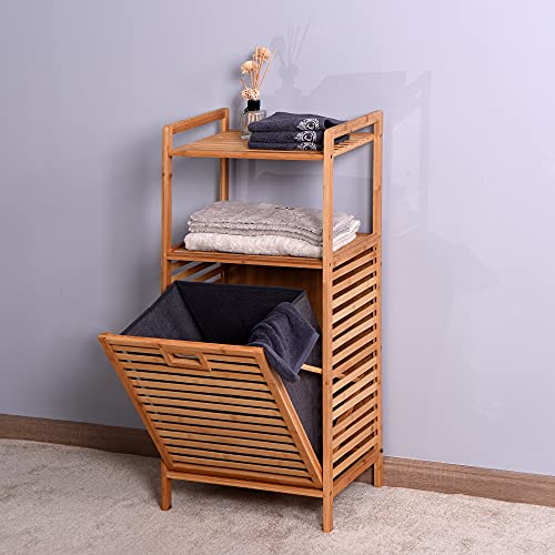 Tilt Out Laundry Hamper Cabinet with 2-Tier Storage Shelves, Removable Clothes Basket with Easy Carry, Bamboo Tower Hamper Organizer for Bathroom, Bedroom, Laundry Room, Closet, Nursery