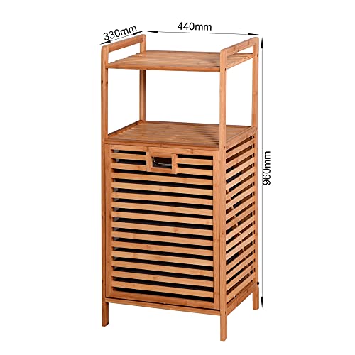 Tilt Out Laundry Hamper Cabinet with 2-Tier Storage Shelves, Removable Clothes Basket with Easy Carry, Bamboo Tower Hamper Organizer for Bathroom, Bedroom, Laundry Room, Closet, Nursery