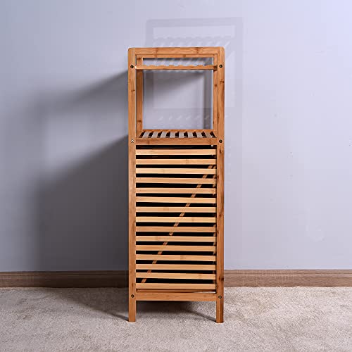 Tilt Out Laundry Hamper Cabinet with 2-Tier Storage Shelves, Removable Clothes Basket with Easy Carry, Bamboo Tower Hamper Organizer for Bathroom, Bedroom, Laundry Room, Closet, Nursery