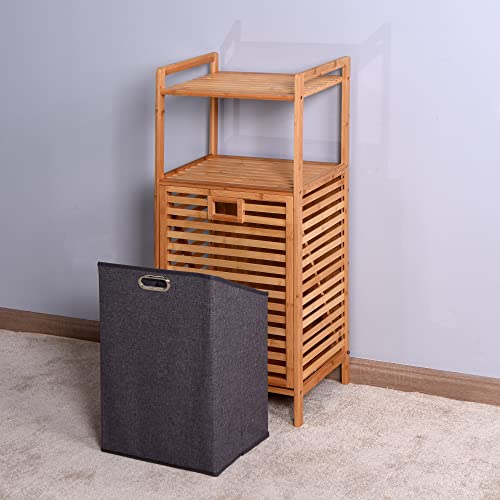 Tilt Out Laundry Hamper Cabinet with 2-Tier Storage Shelves, Removable Clothes Basket with Easy Carry, Bamboo Tower Hamper Organizer for Bathroom, Bedroom, Laundry Room, Closet, Nursery