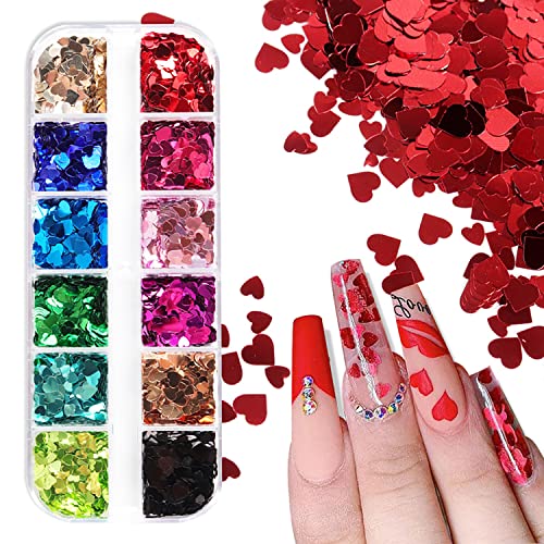 12 Grids 3D Heart Nail Glitter Sequins Holographic Laser Heart Nail Art Decals Love Nail Stickers Valentines Day Nail Glitter Flakes Red Silver Rose Gold Heart Glitter Design Nail Art Decoration