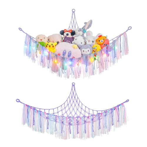 LONCHDAN Stuffed Animal Hammock, Stuffed Animal net or Hammock with LED Hammock for Stuffed Animals Storage Macrame Netting Plushie Hanging Corner for Nursery Bedroom (Purple)