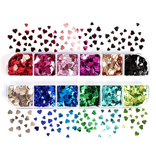 12 Grids 3D Heart Nail Glitter Sequins Holographic Laser Heart Nail Art Decals Love Nail Stickers Valentines Day Nail Glitter Flakes Red Silver Rose Gold Heart Glitter Design Nail Art Decoration