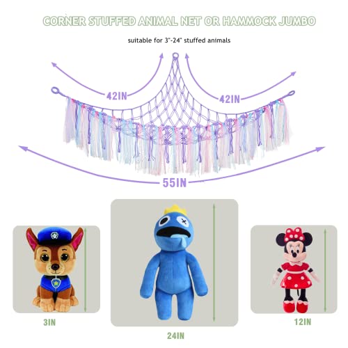 LONCHDAN Stuffed Animal Hammock, Stuffed Animal net or Hammock with LED Hammock for Stuffed Animals Storage Macrame Netting Plushie Hanging Corner for Nursery Bedroom (Purple)