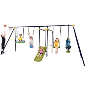 honey joy swing sets for backyard, 660lbs 7-in-1 heavy duty swing set w/a-frame metal swing stand, 2 swings, glider, gym rings, slide, monkey bar,basketball hoop, swingset outdoor for kids 3-12