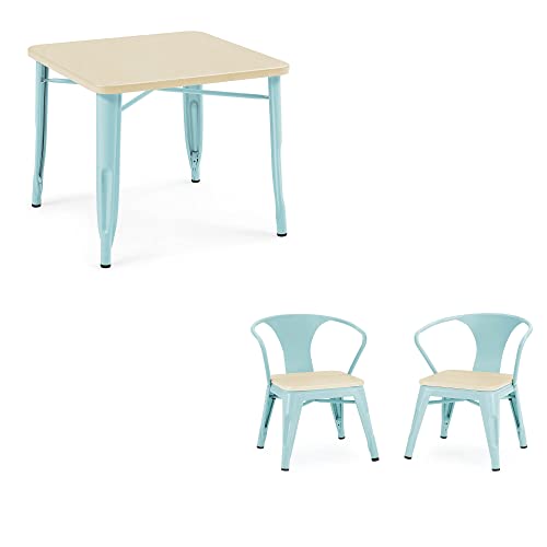 Delta Children Bistro Kids Play Table + Bistro 2-Piece Chair Set (Bundle), Aqua Metal/Natural Birch